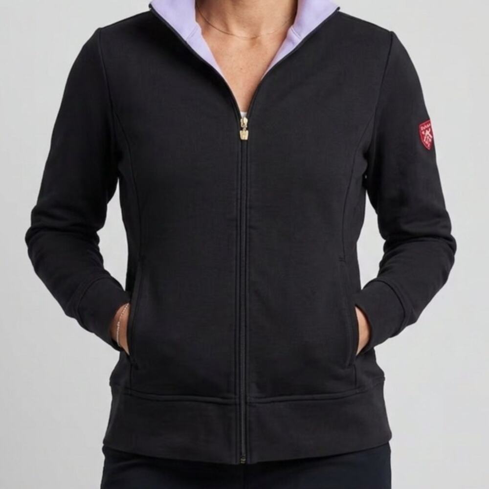 Sakmann Women's Full Zip Track Jacket Size Small Navy Blue Lavender Collar Crest